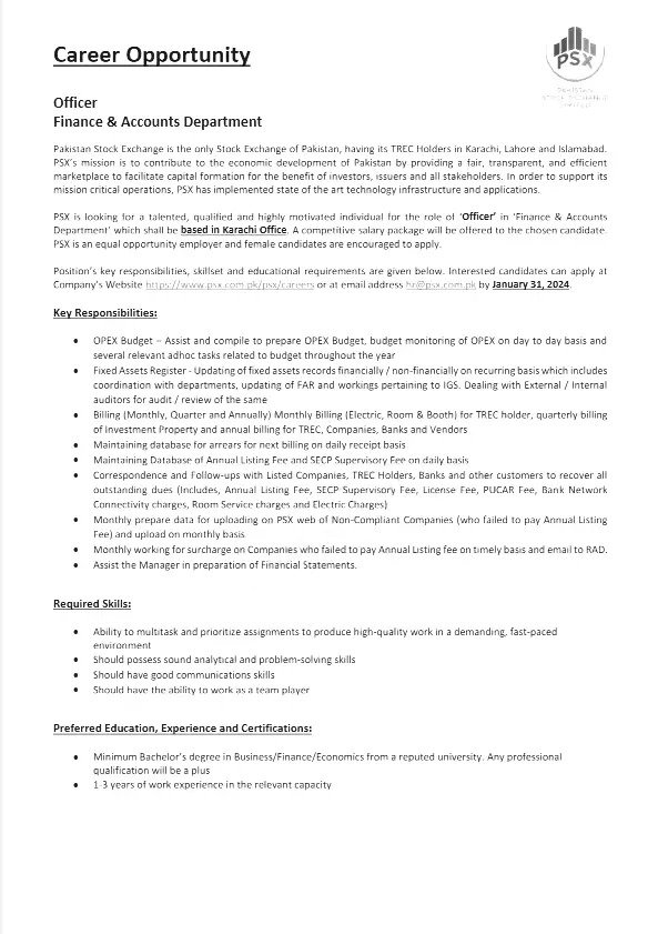 Pakistan Stock Exchange Jobs 2024