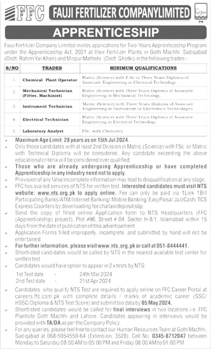 Fauji Fertilizer Apprenticeship Program 2024