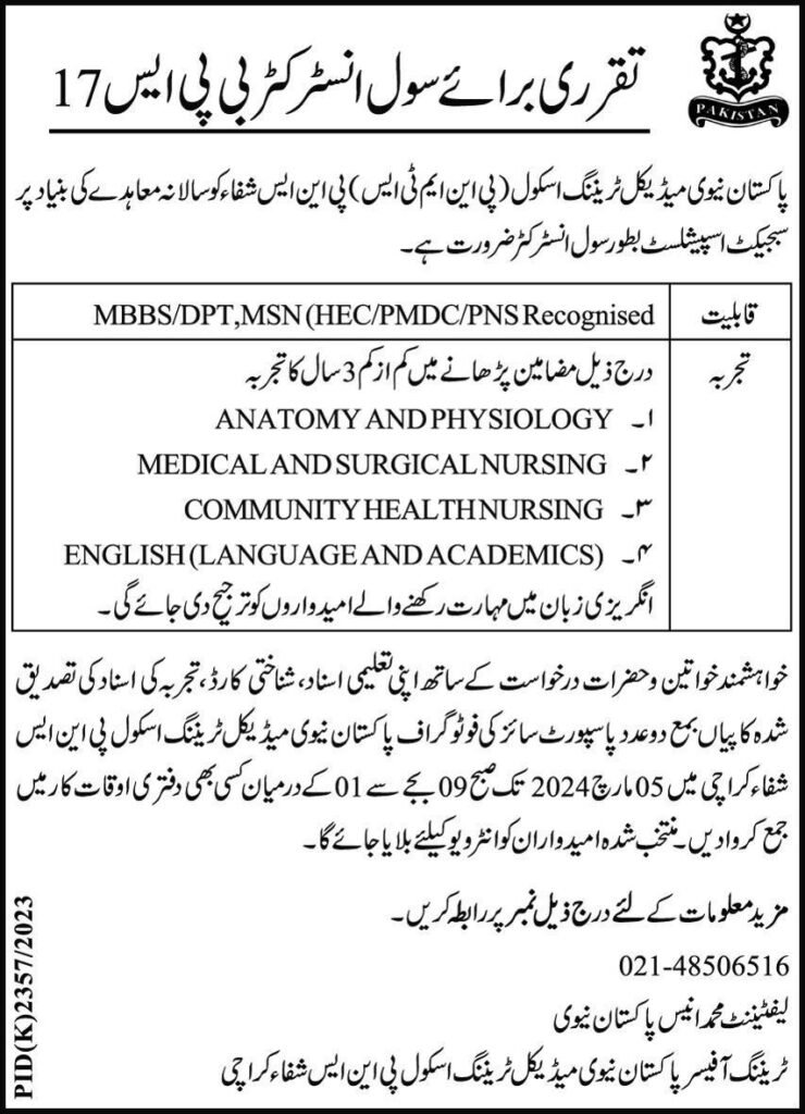 Pakistan Navy Medical Training School Jobs 2024