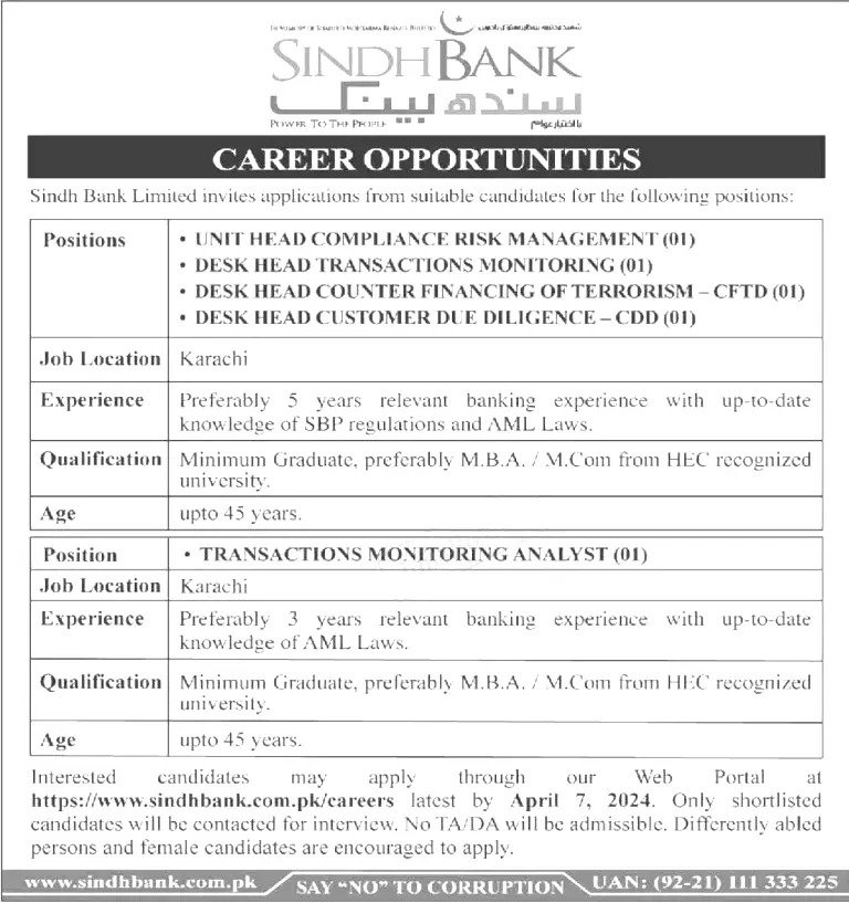 Sindh Bank Jobs 2024