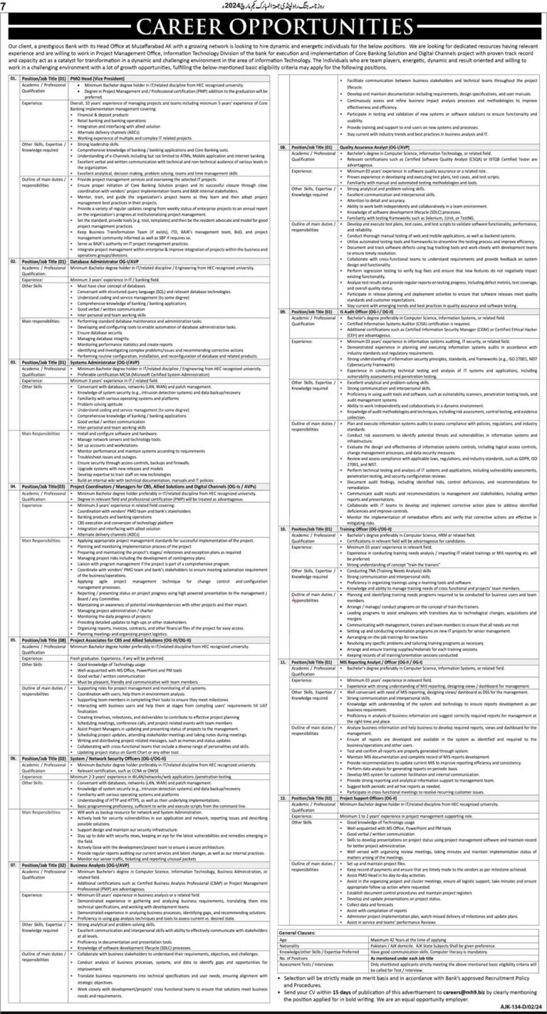 Bank of AJK Jobs 2024