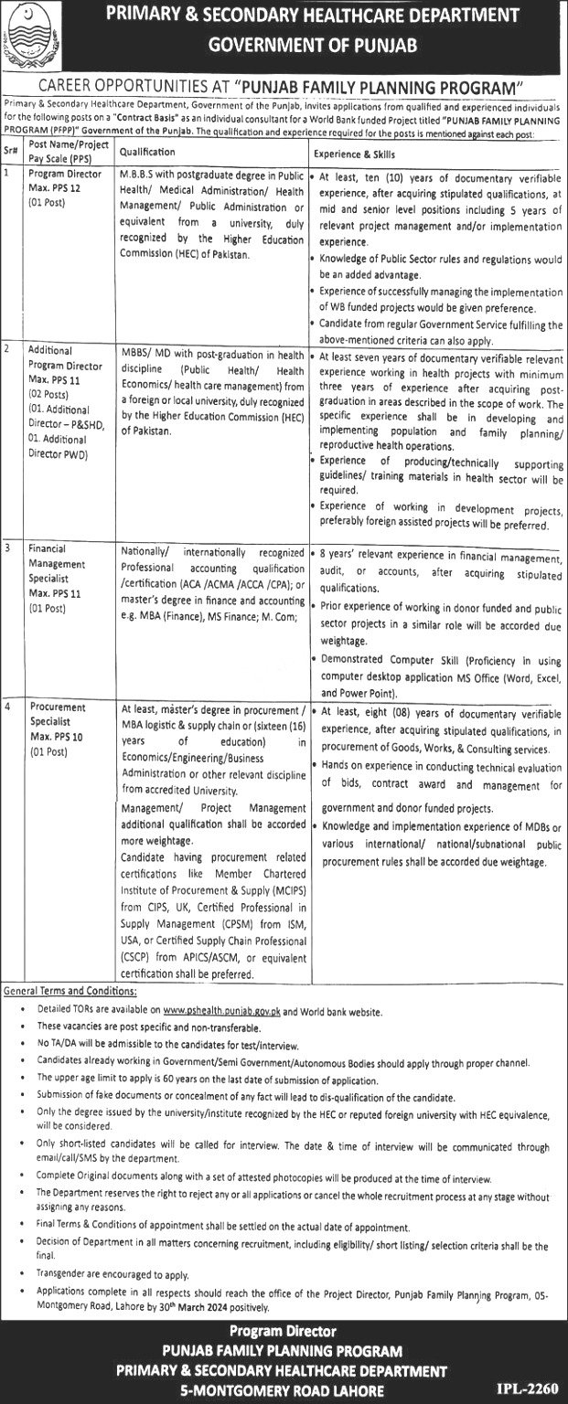 Primary and Secondary Healthcare Department Punjab Jobs 2024