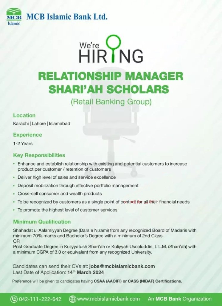 MCB Islamic Bank Jobs 2024