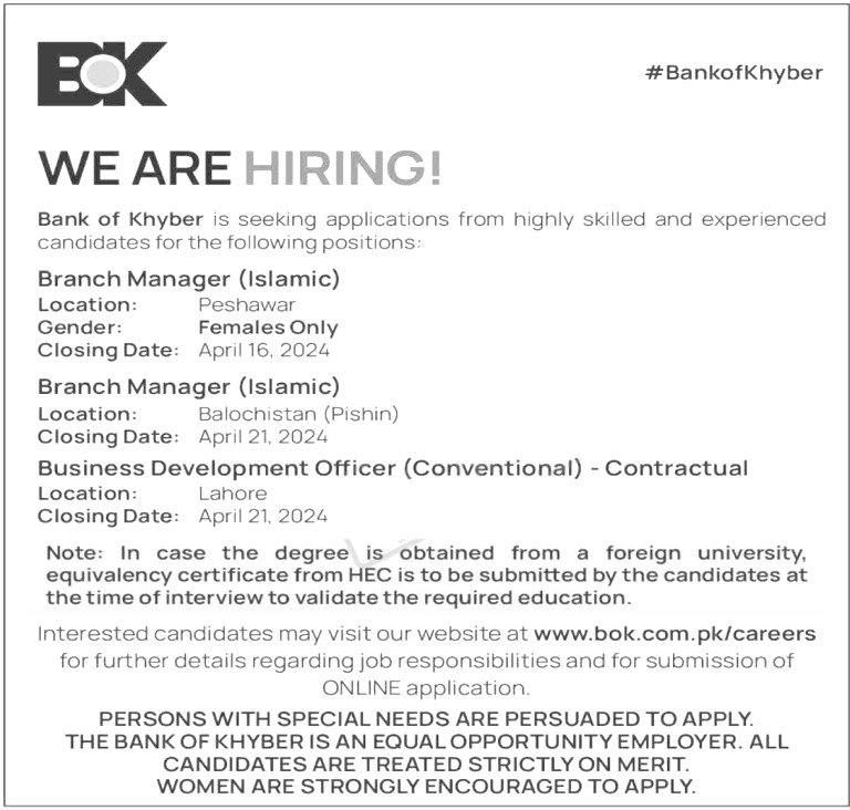 Bank of Khyber Jobs 2024