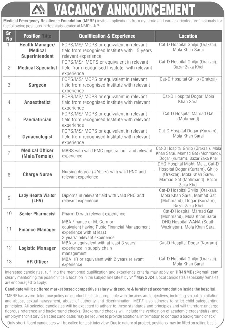 Medical Emergency Resilience Foundation Jobs 2024