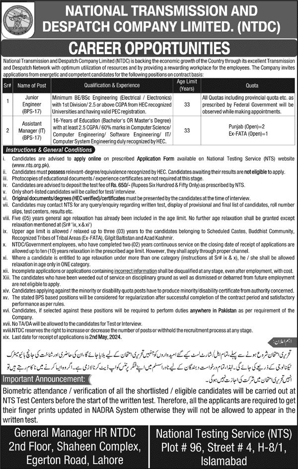 National Transmission & Despatch Company Jobs 2024