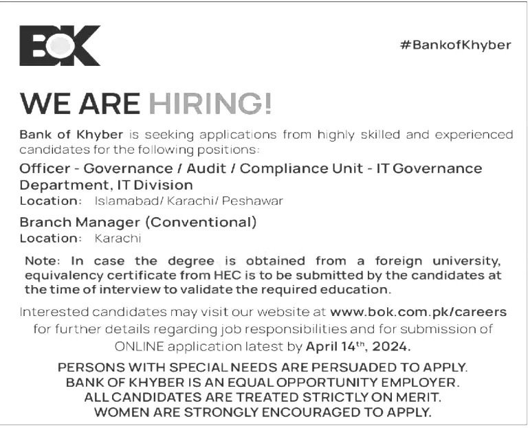 Bank of Khyber Jobs 2024