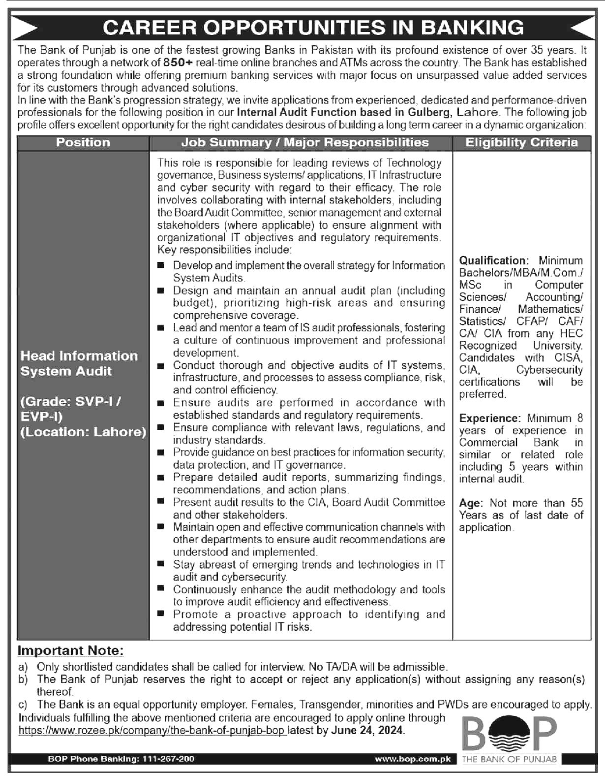 The Bank Of Punjab BOP Jobs 2024