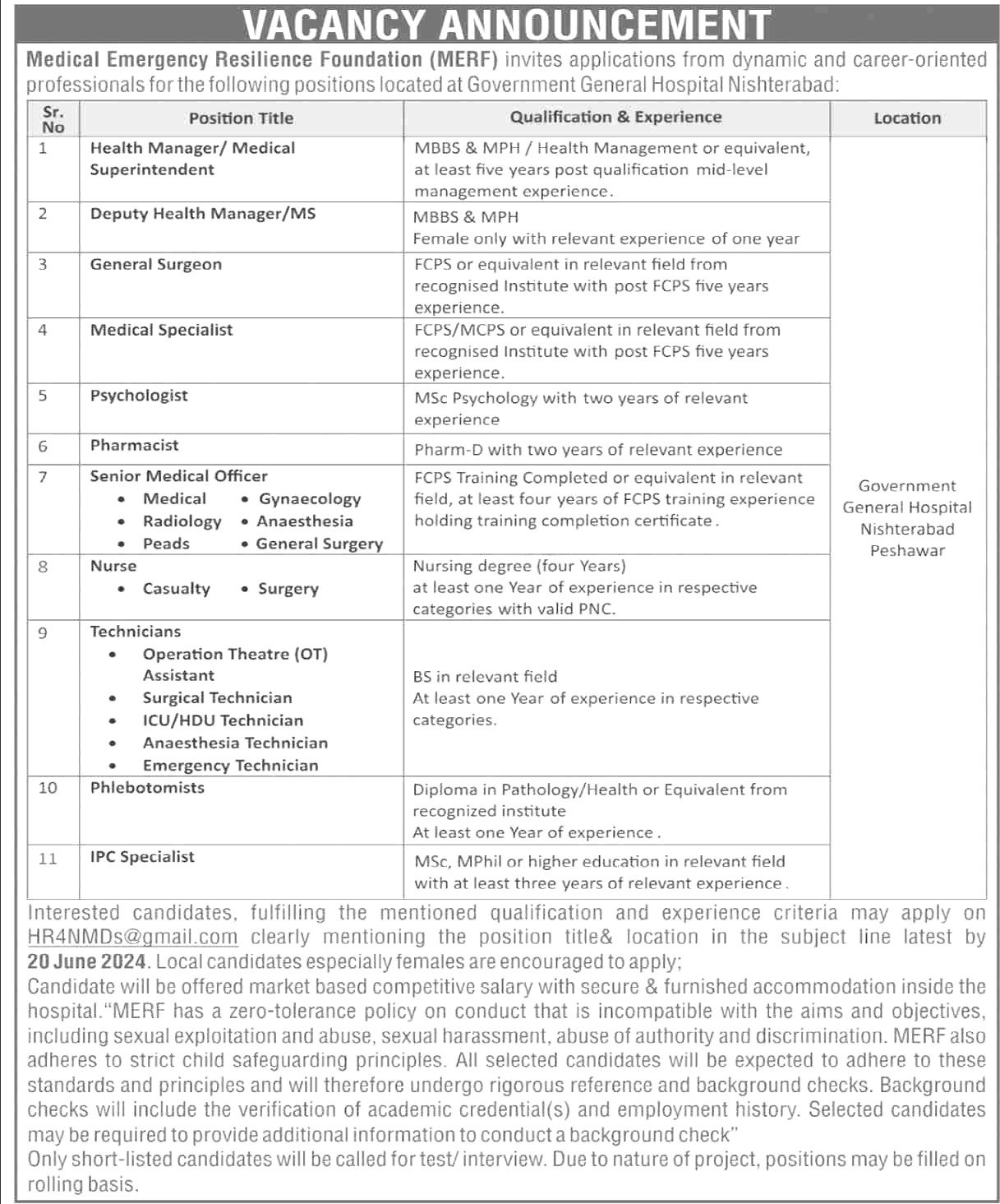 Medical Emergency Resilience Foundation Jobs 2024