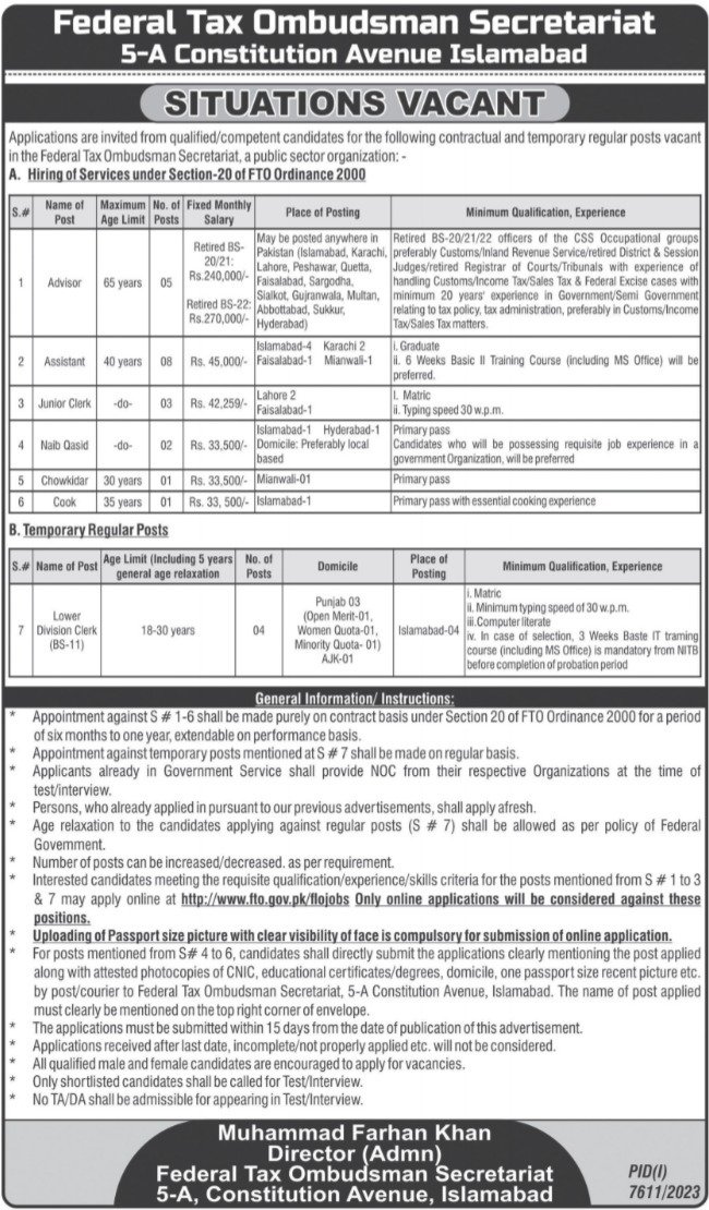 Federal Tax Ombudsman Secretariat Jobs