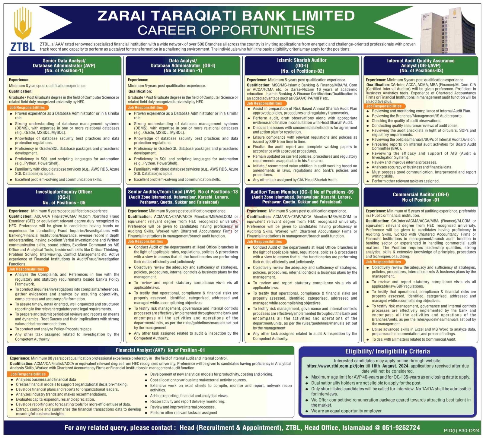 Zarai Taraqiati Bank Limited Jobs 2024
