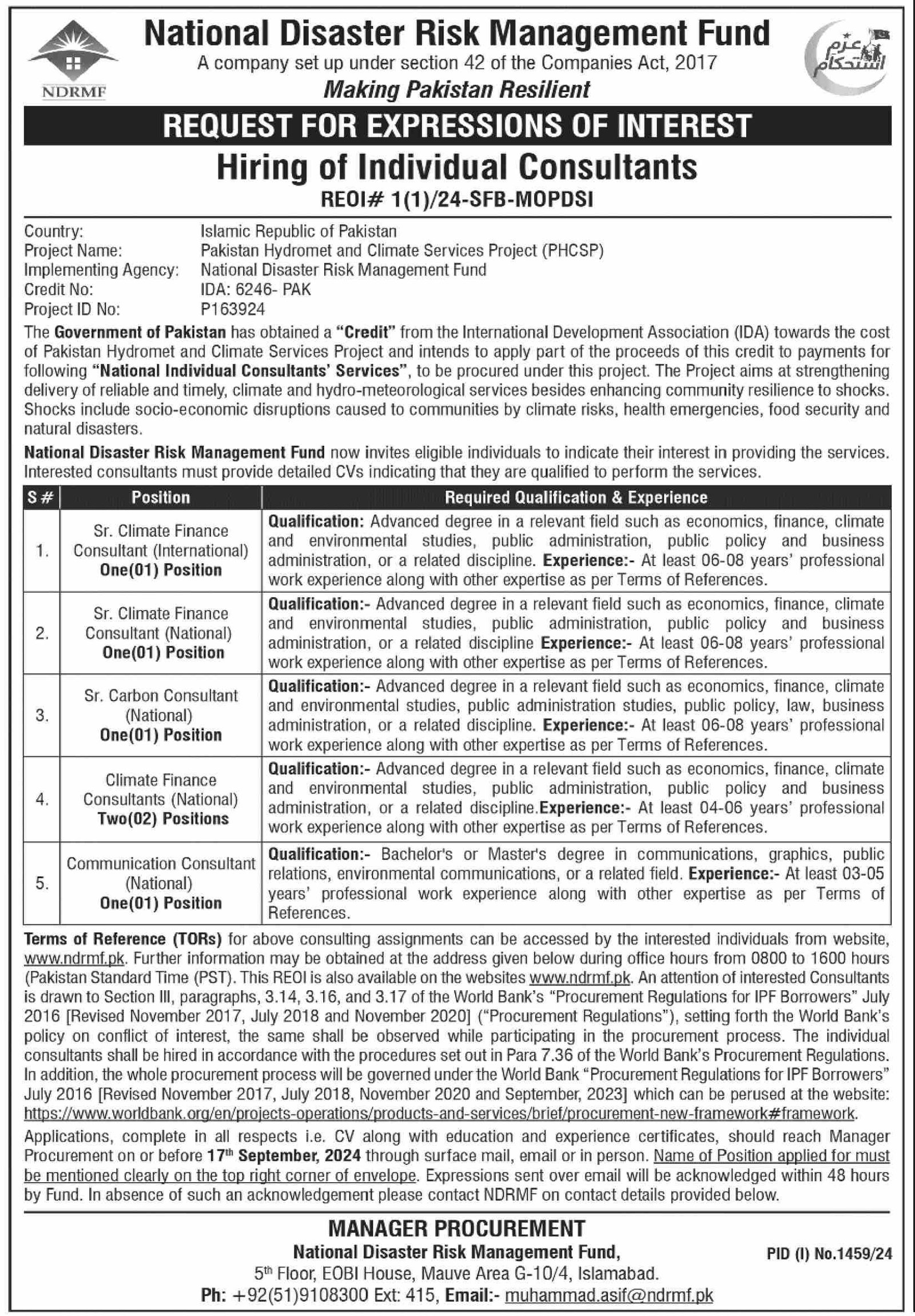National Disaster Risk Management Fund Jobs 2024