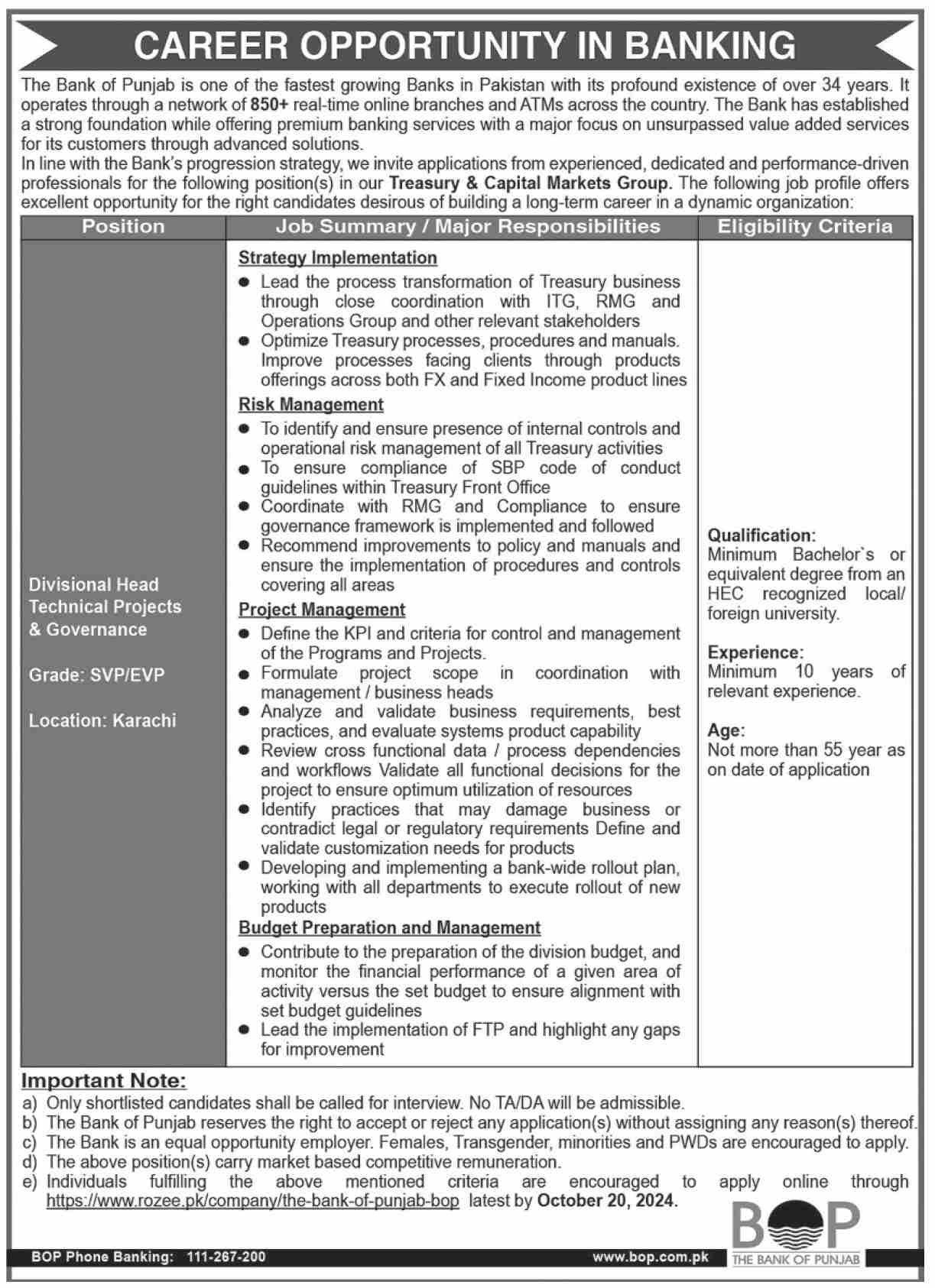 The Bank Of Punjab Jobs 2024