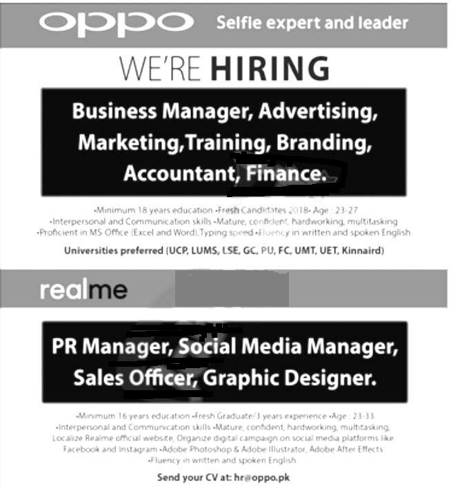 Oppo Managers & Sales Officer Jobs