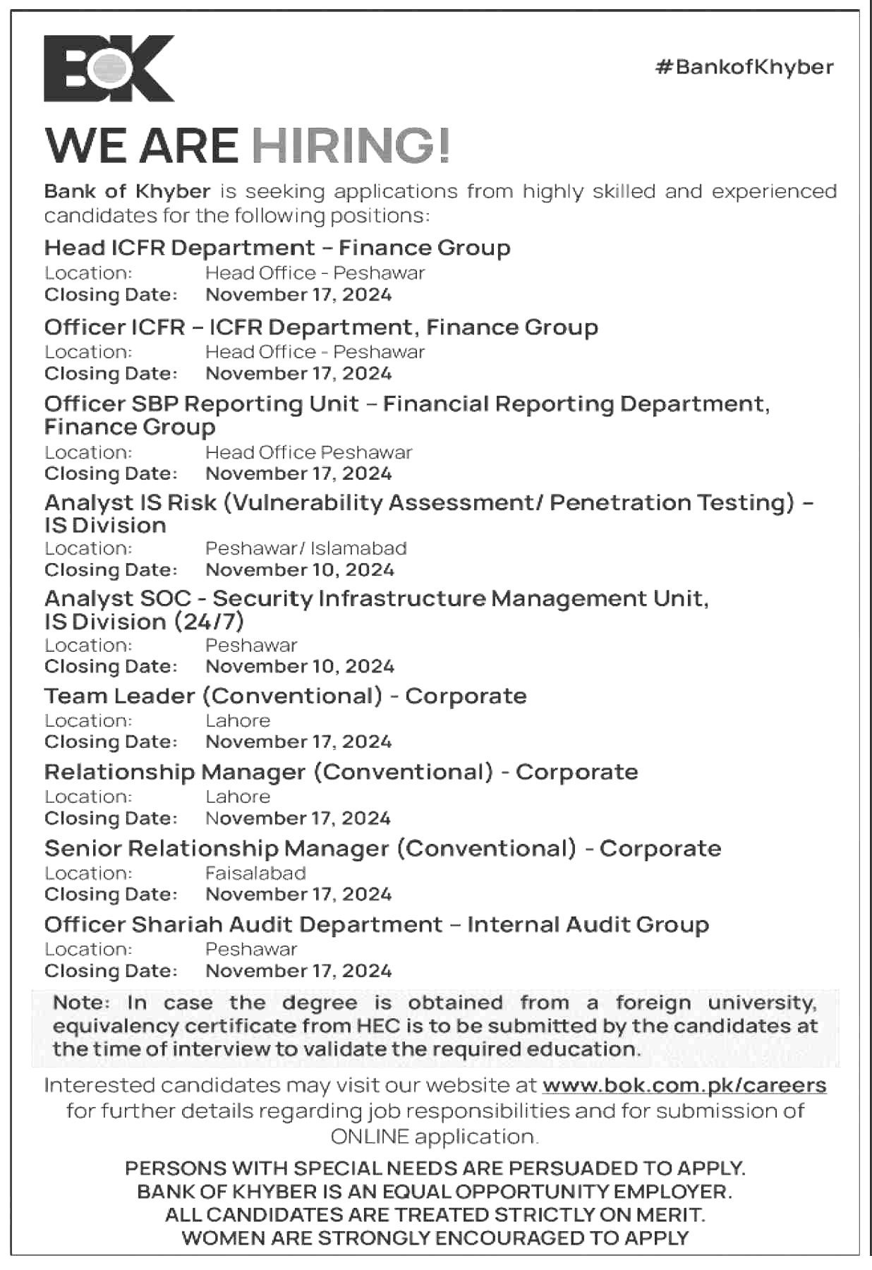 Bank Of Khyber BoK Jobs 2024