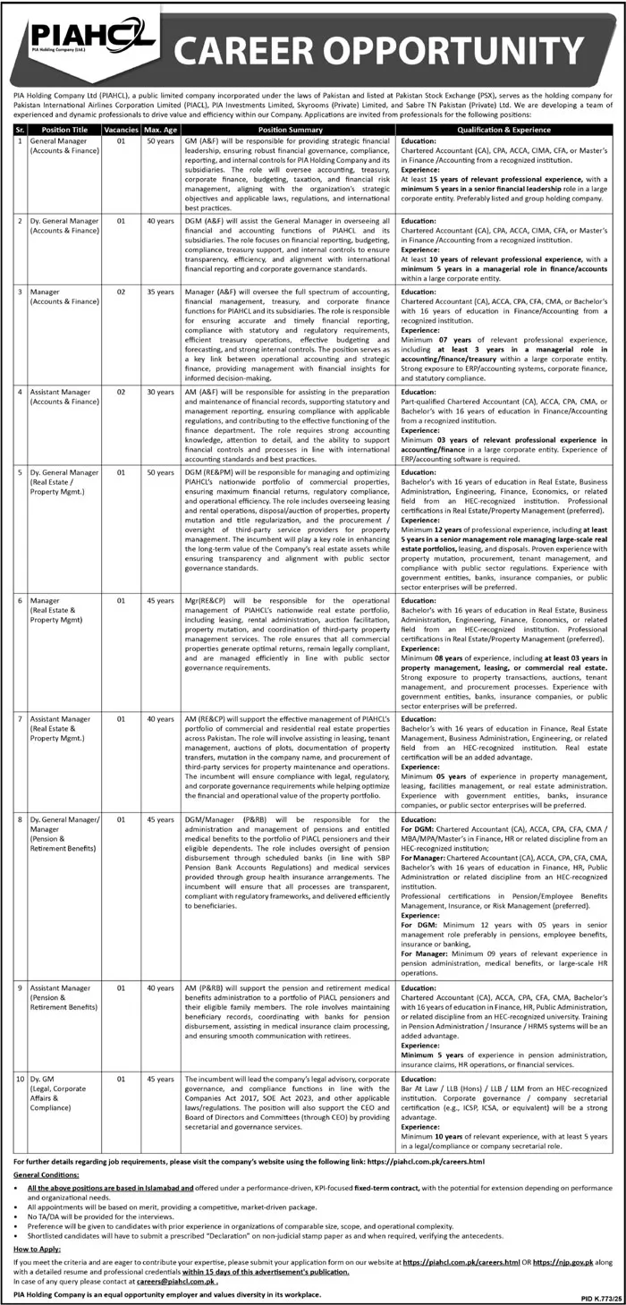 PIA Holding Company Limited Jobs Advertisement