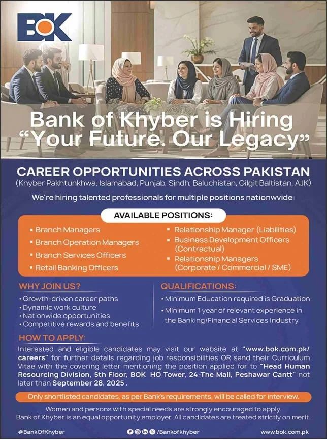 Bank of Khyber BOK Jobs Advertisement