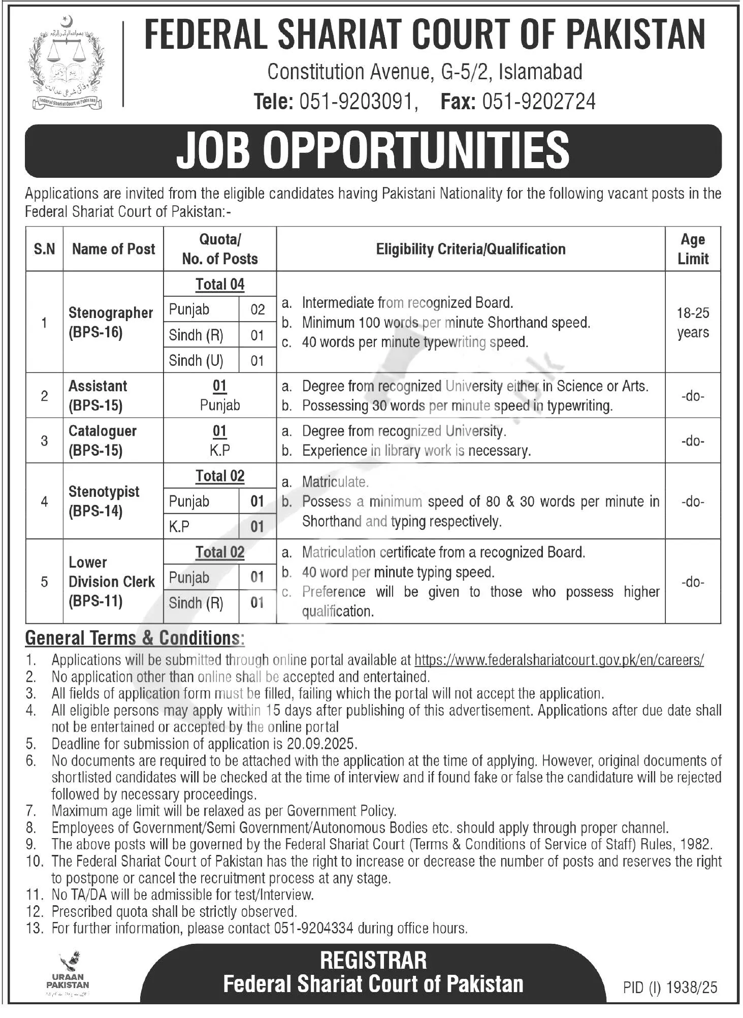 Federal Shariat Court Jobs Advertisement