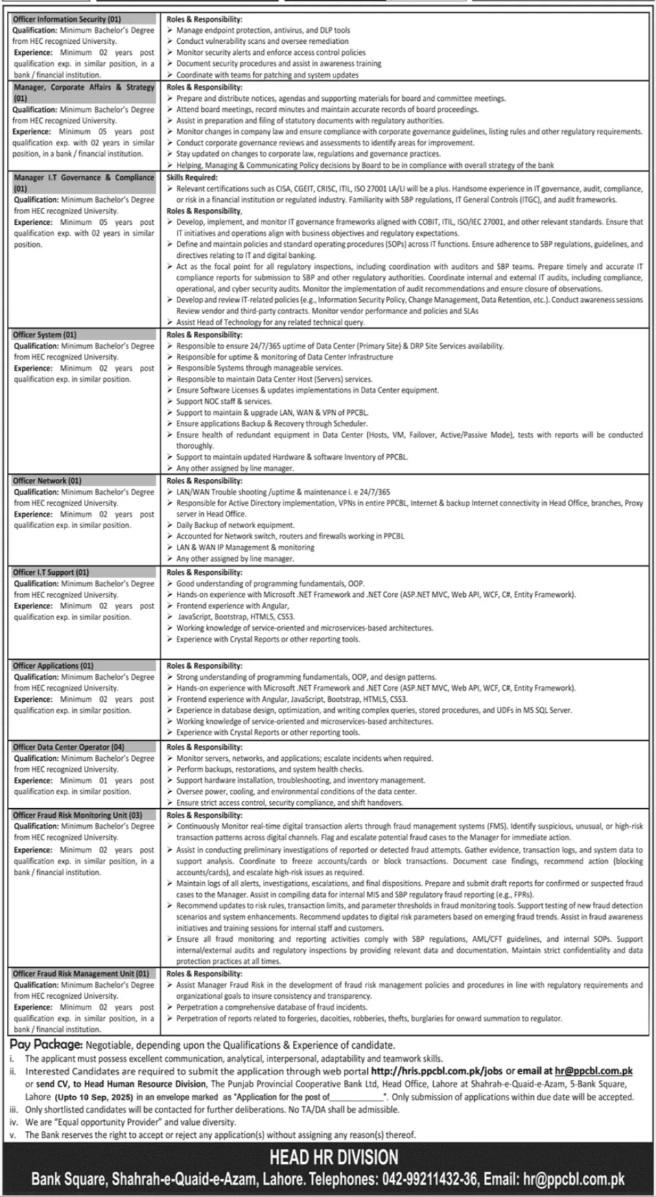 Punjab Provincial Cooperative Bank Ltd Jobs Advertisement