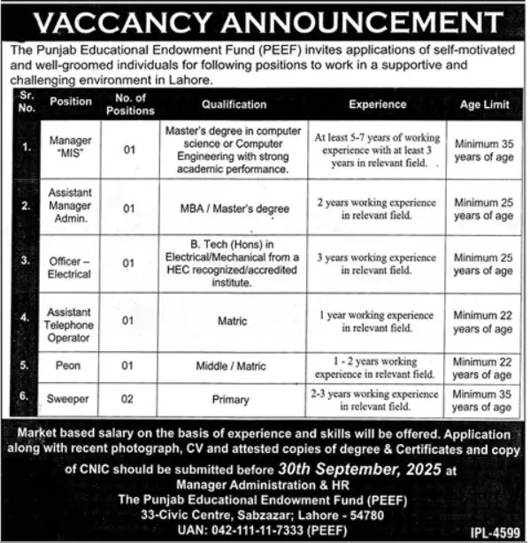 Punjab Education Endowment Fund Jobs Advertisement